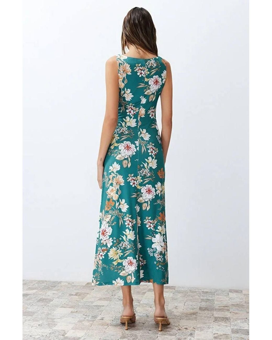WOVCOR Blue Floral Print Sleeveless Ruched Waist Midi Dress