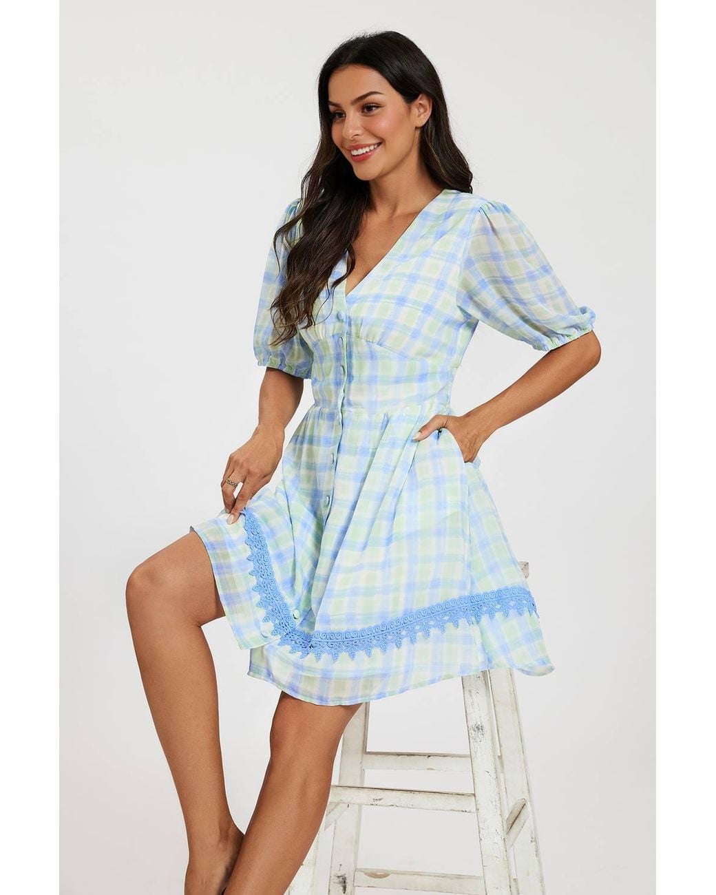 FS Collection Blue Gingham Mini Dress W/ Lace Trim
