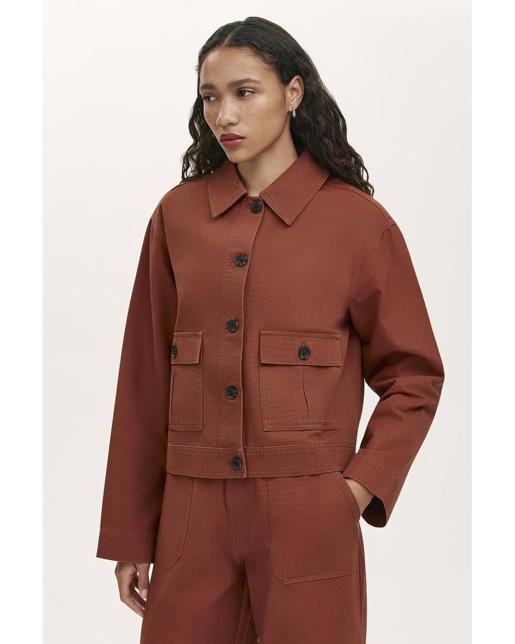 Finery London Brown Kelsie Cotton Canvas Button Front Jacket