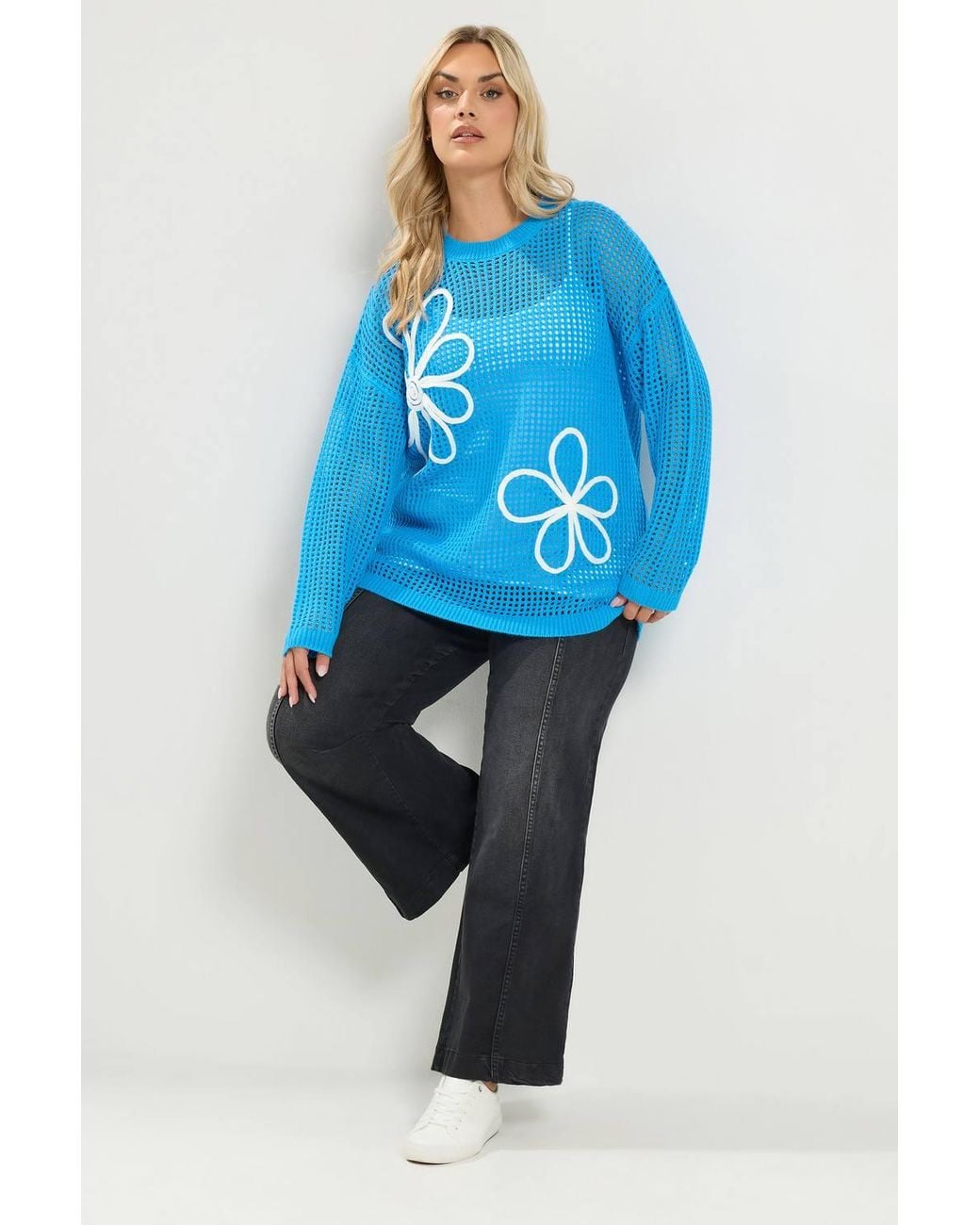 Yours Blue Crochet Floral Knitted Jumper