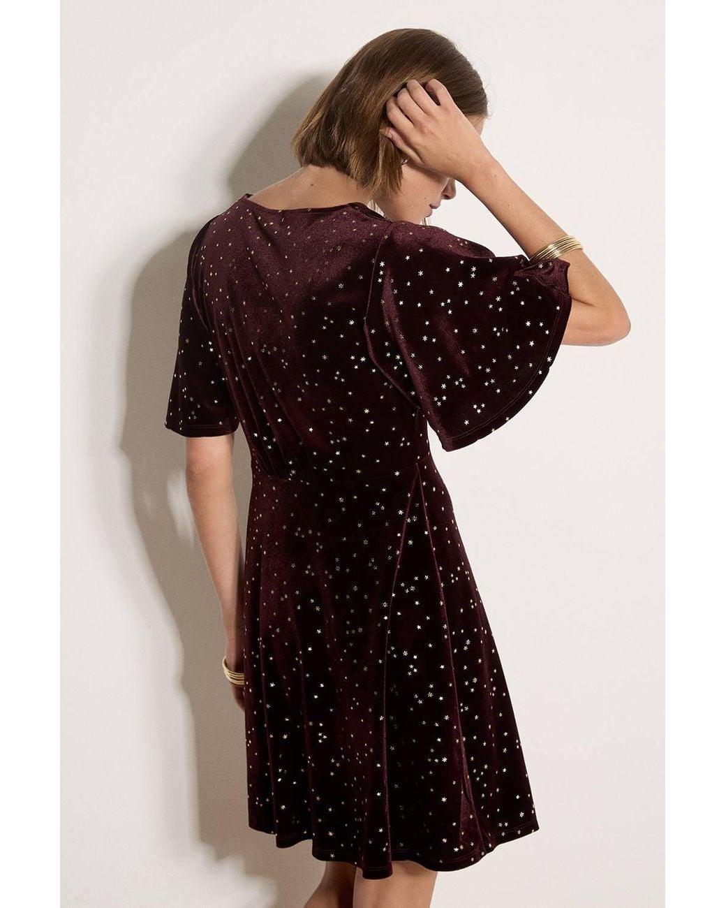 Apricot Red Foil Star Velvet Mini Dress