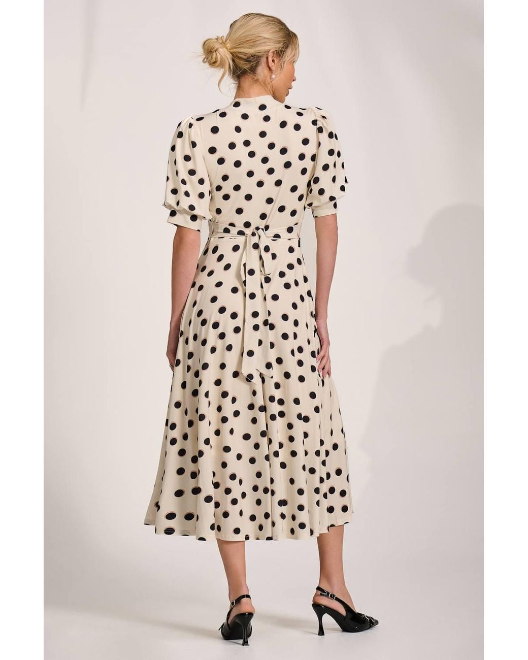 Jolie Moi Natural Tie Neck Puffy Sleeve Jersey Midi Dress