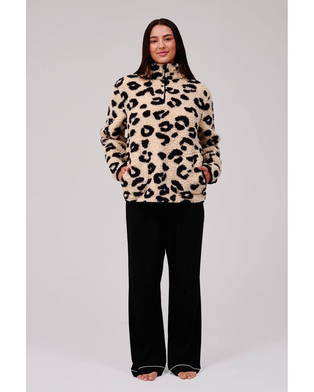 Loungeable Blue Leopard Print Cosy Borg Fleece Quarter Zip Lounge Jumper