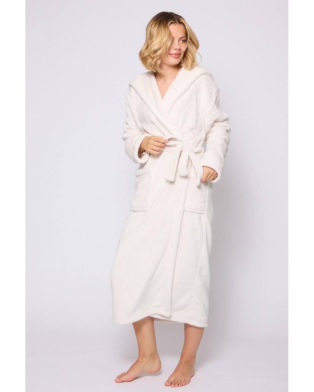 Loungeable White Ribbon Trim Luxury Fleece Maxi Hooded Dressing Gown