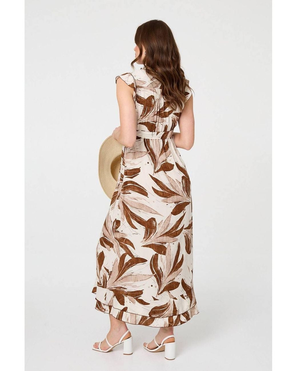 Izabel London White Leaf Print Layered Tie Waist Maxi Dress