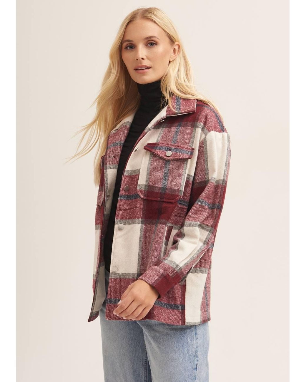 Gini London Red Check Oversized Pocket Detail Shacket Jacket