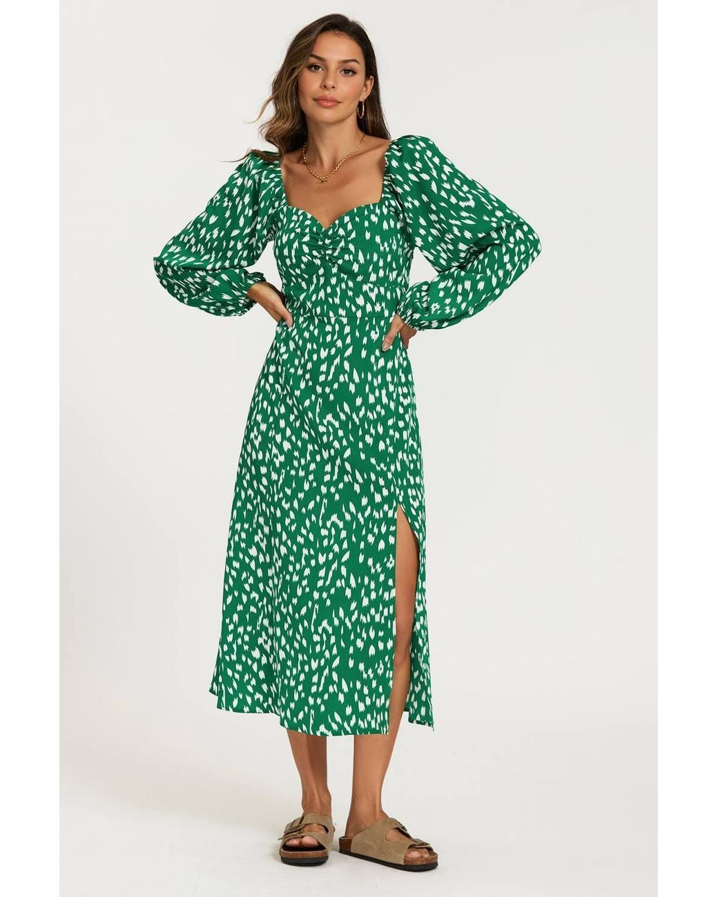 FS Collection Green Brushstroke Print Long Sleeve Heart Neckline Midi Dress