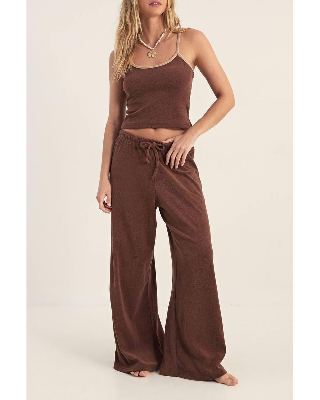 Nasty Gal Brown Towelling Contrast Binding Cami & Trousers Set
