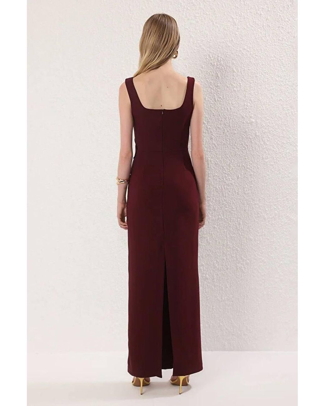 WOVCOR Red Floral Applique Square Neck Maxi Evening Dress