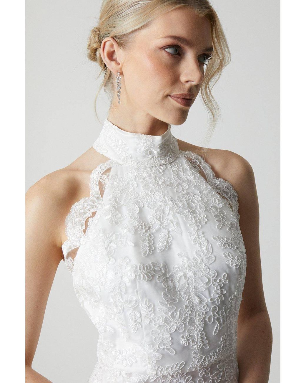 Coast White High Neck Embroidered Mesh Wedding Dress With Train