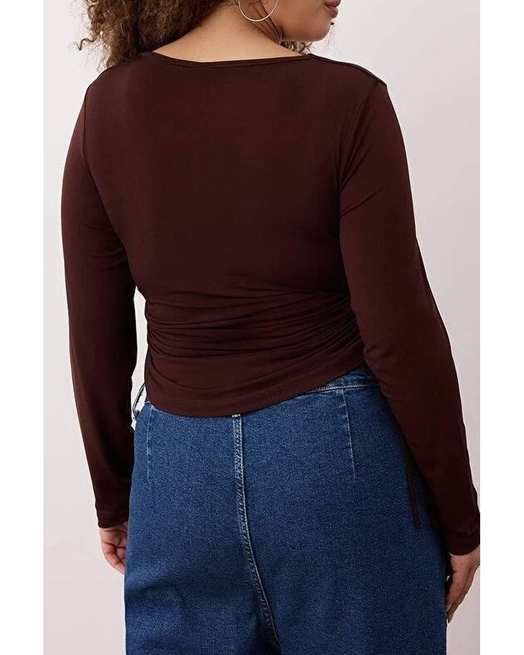 WOVCOR Blue Square Neck Ruched Detail Long Sleeve Fitted Top