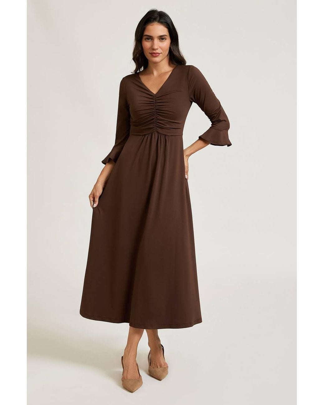 FS Collection Brown Fluted Sleeves Ruched Jersey Midi Dress