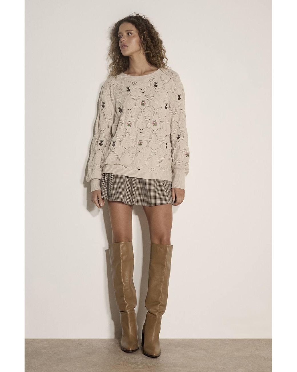 Apricot Natural Pointelle Knit Floral Embroidered Jumper