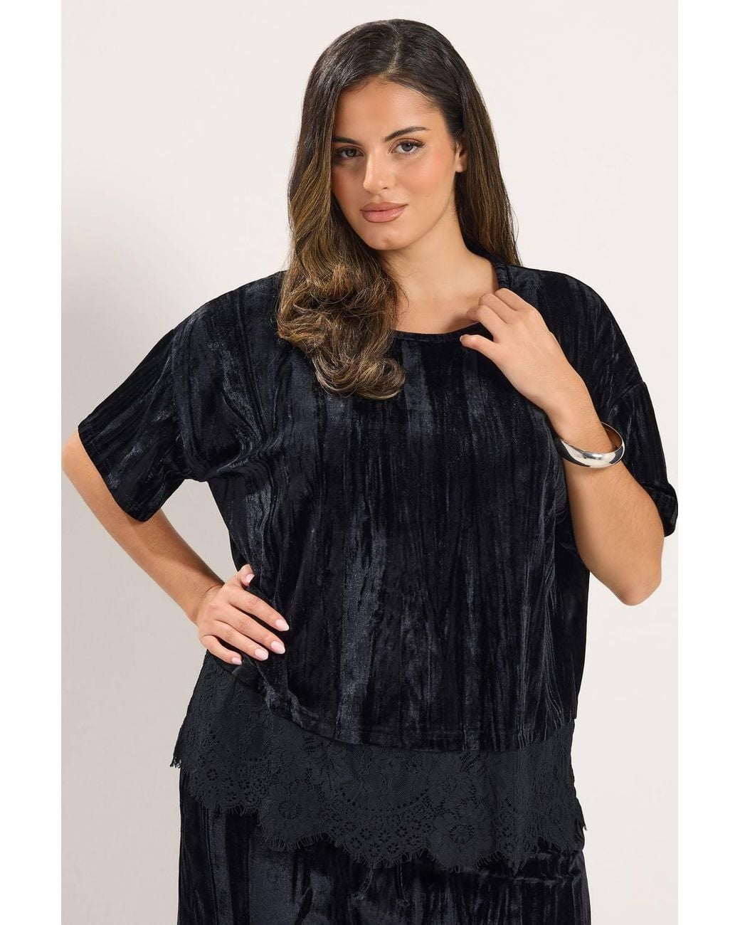 Yours Black Crushed Velour Lace Hem Top