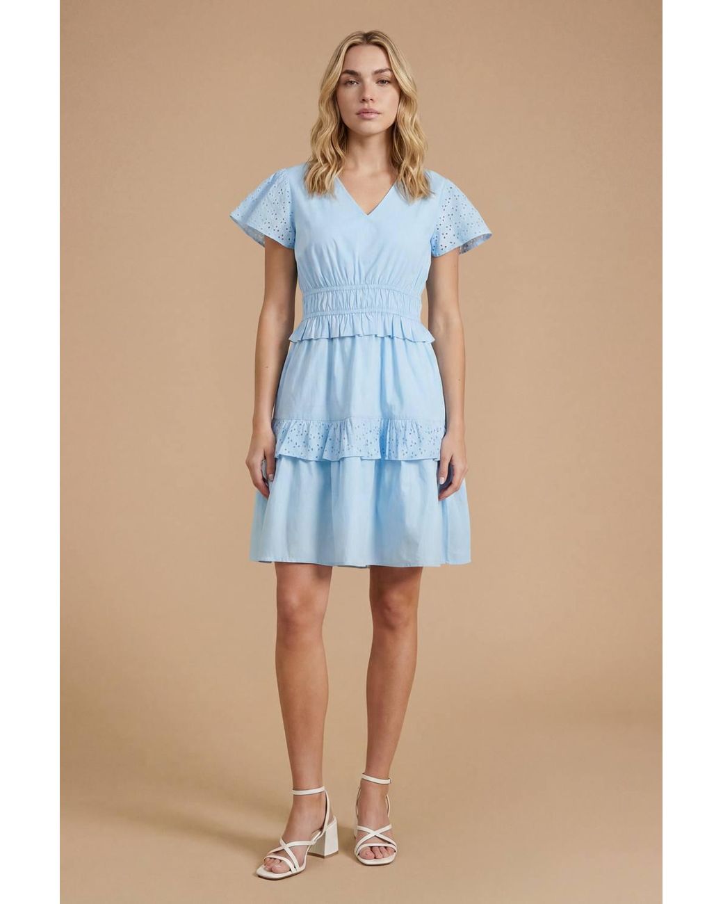 Dorothy Perkins Blue Frill Broderie Sleeve Tiered Hem Mini Dress