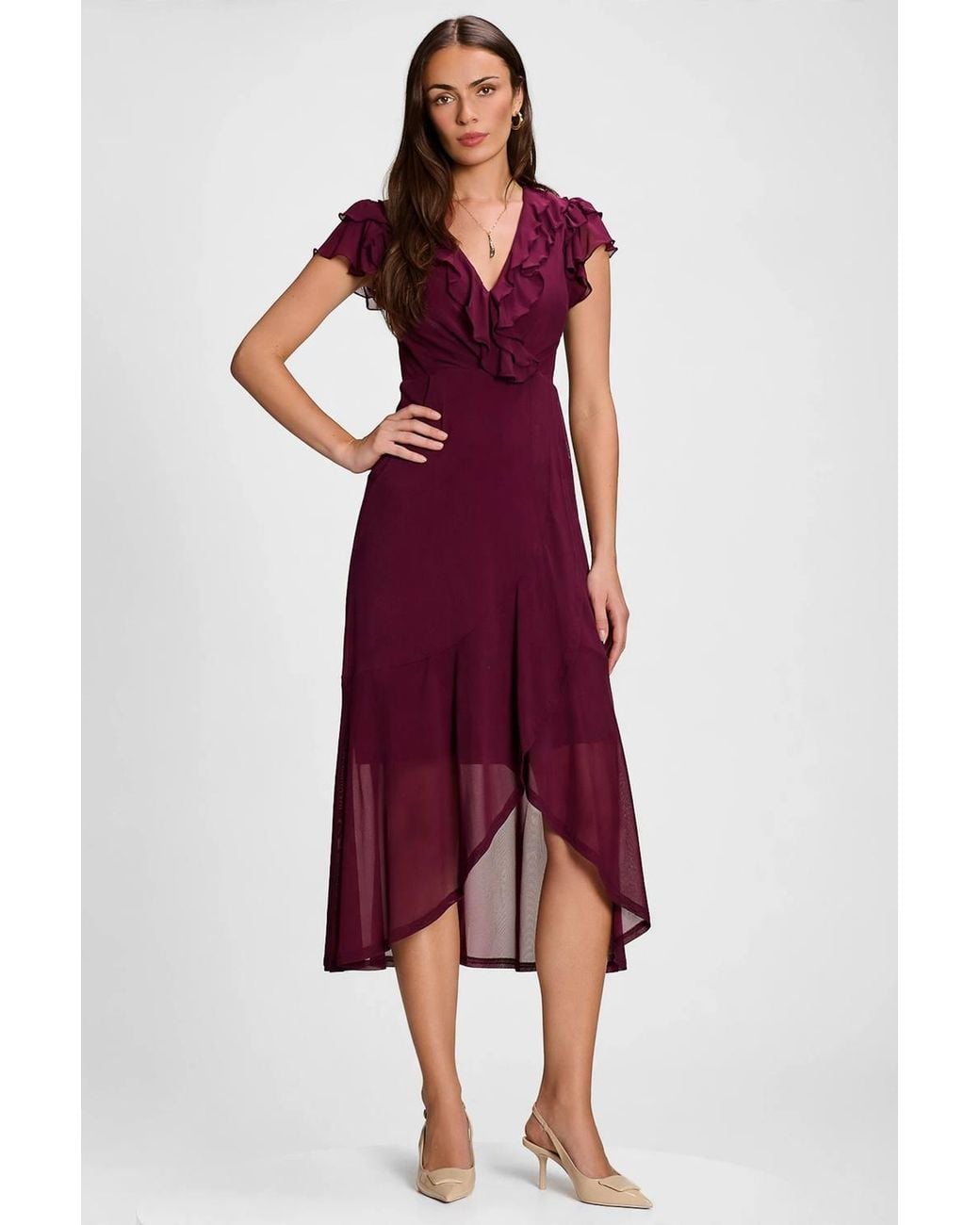 Jolie Moi Red Ruffled Mesh Maxi Dress