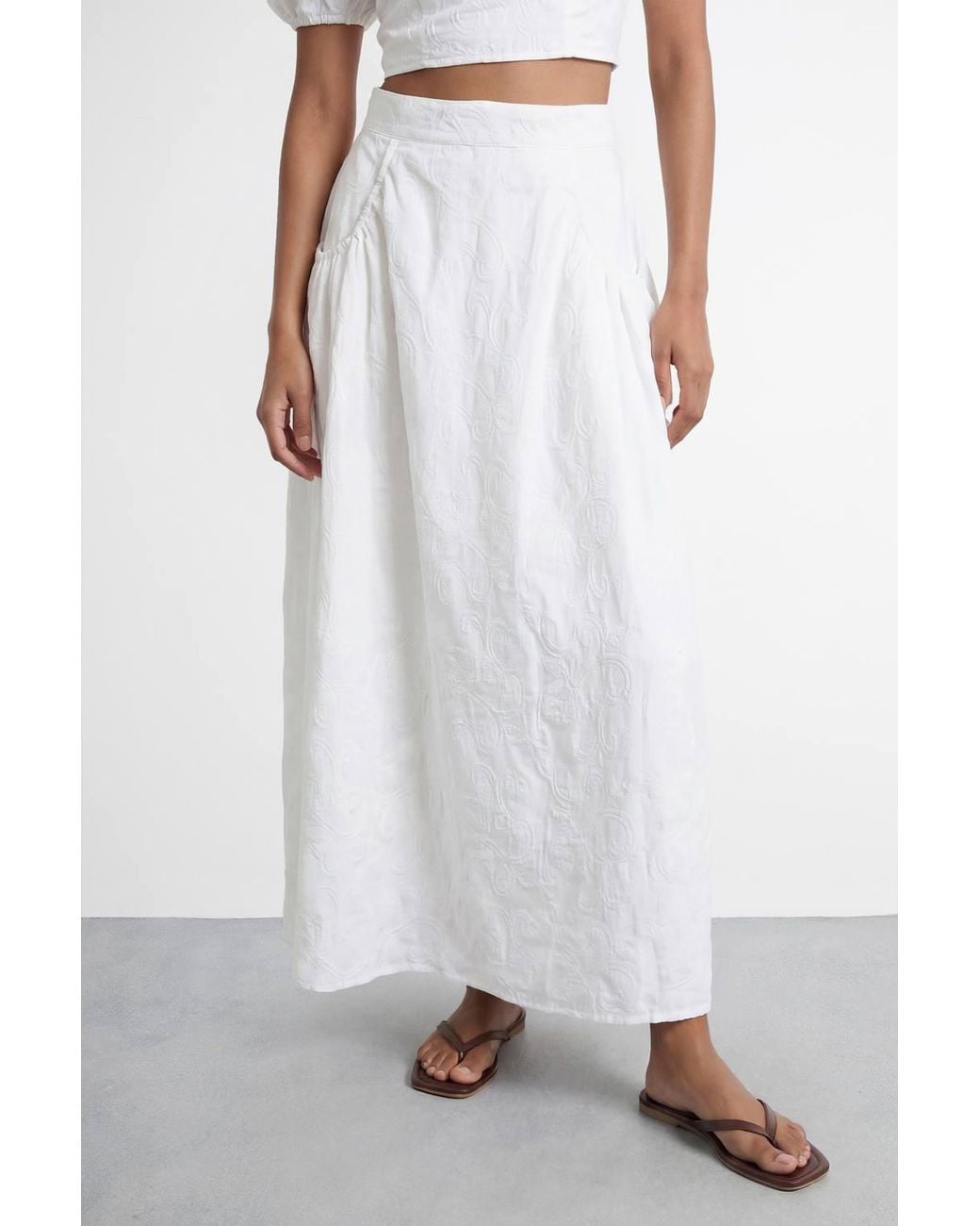 Warehouse White High Waist Embroidered Cotton Skirt With Pockets
