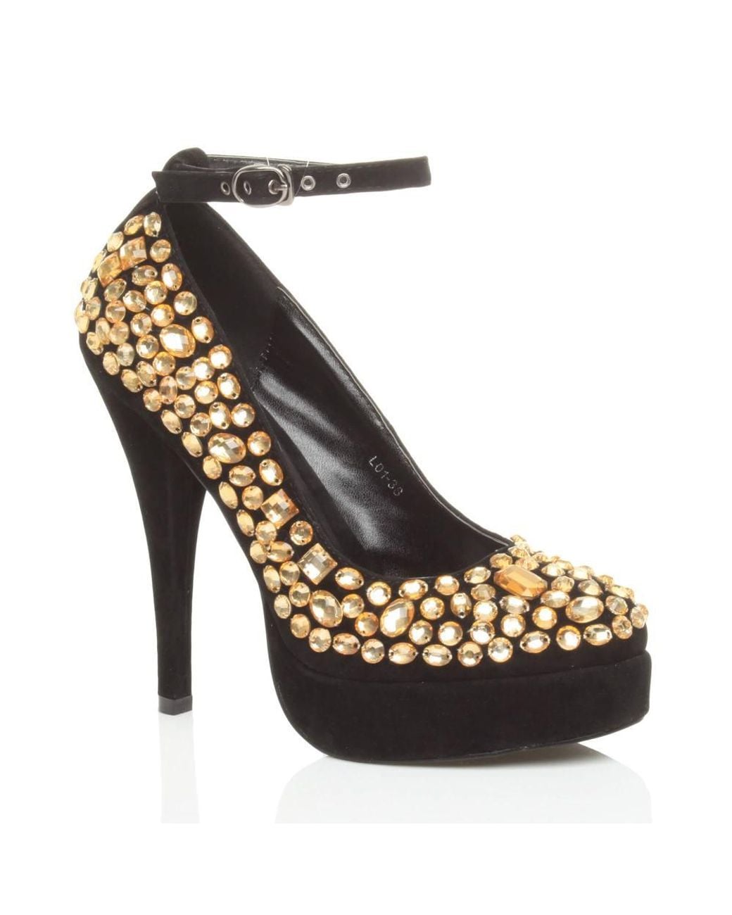 AJVANI Metallic High Heel Ankle Strap Gem Court Shoes