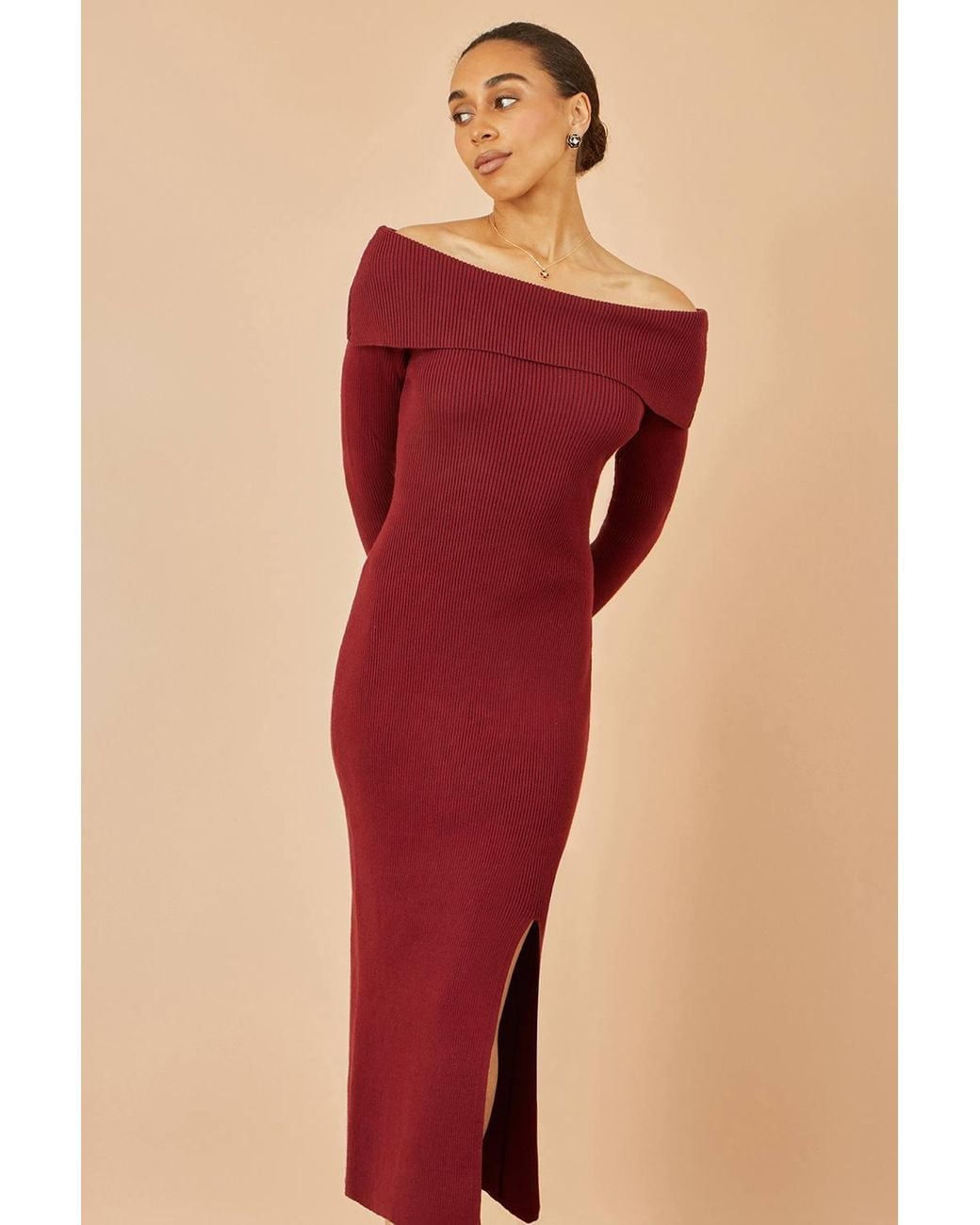 Yumi' Red Bardot Knitted Fitted Midi Dress