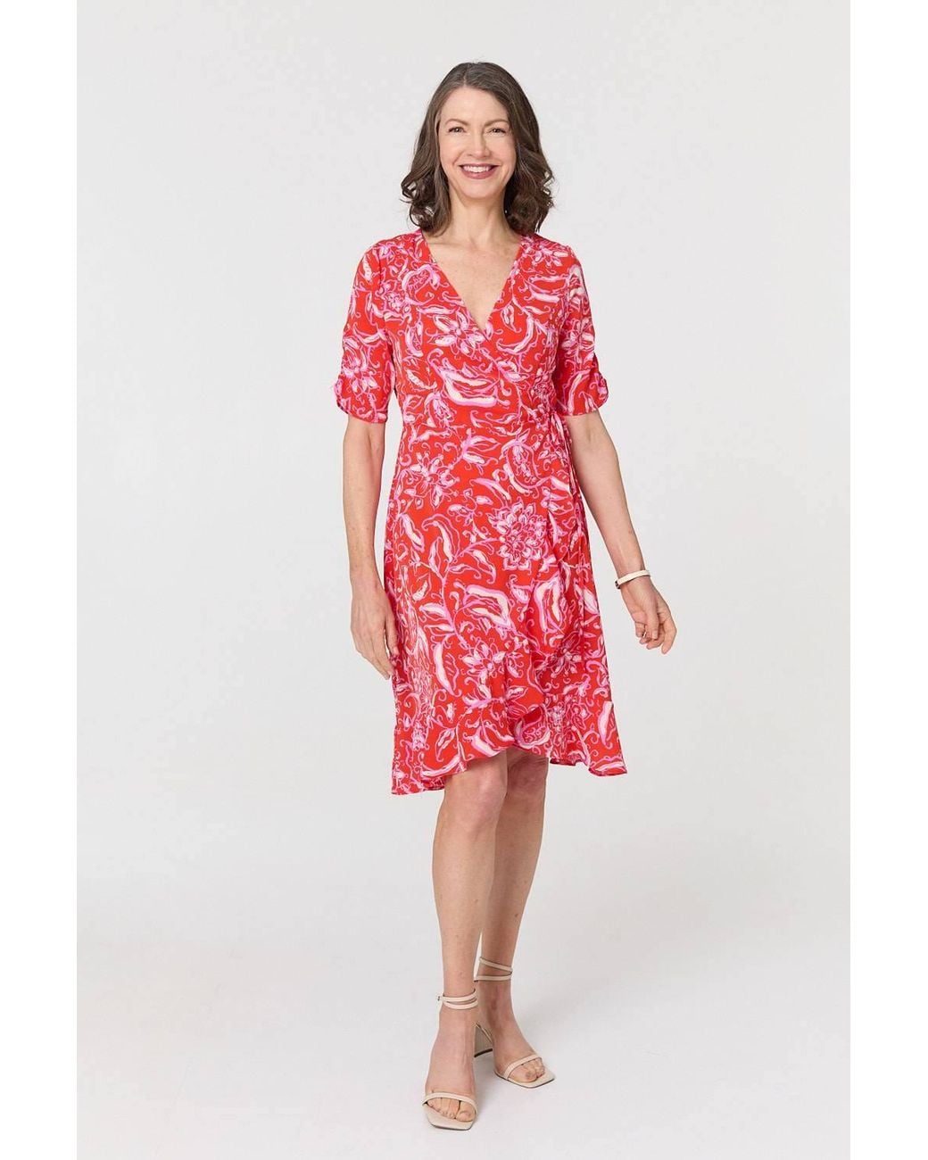 Izabel London Red Printed Frill Wrap Knee Length Dress
