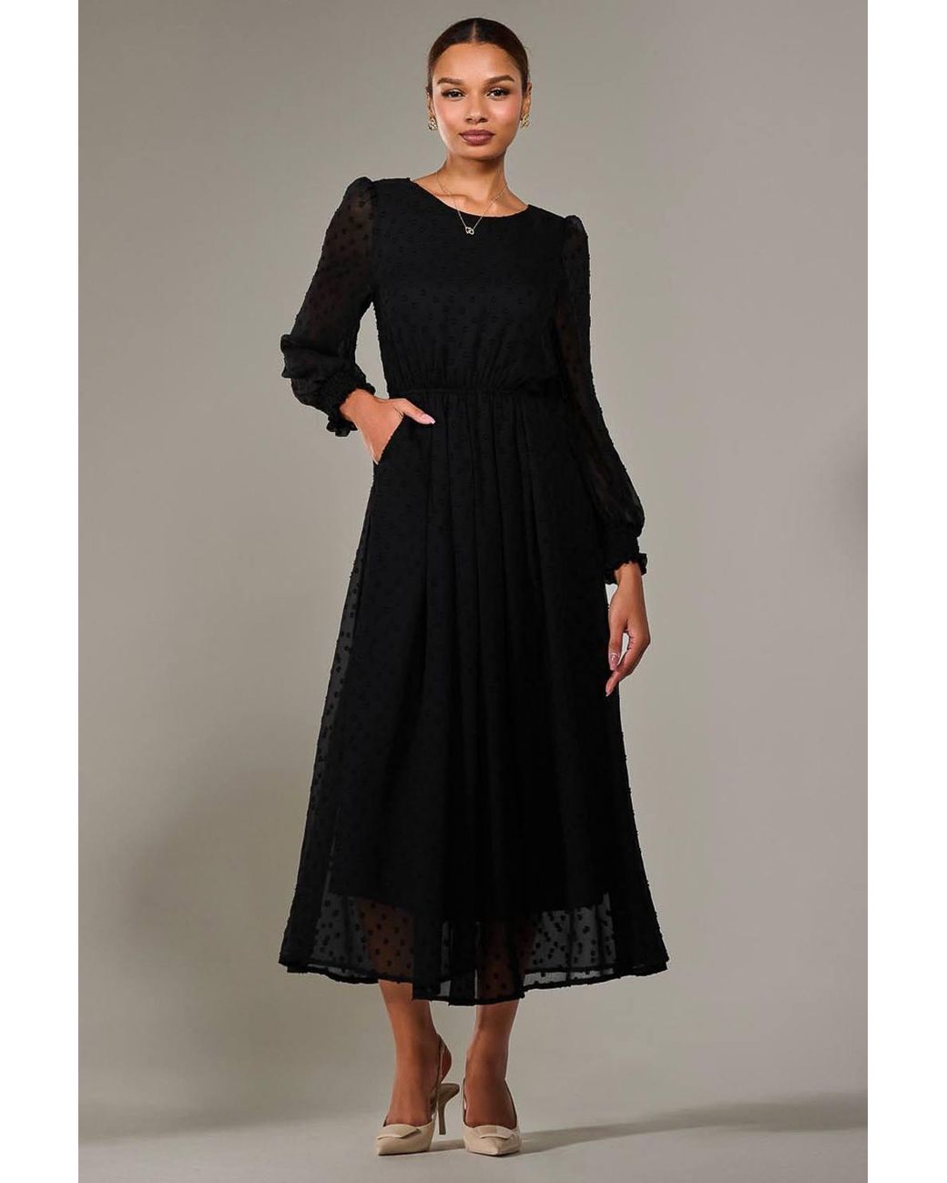 Jolie Moi Black Long Sleeve Chiffon Midaxi Dress