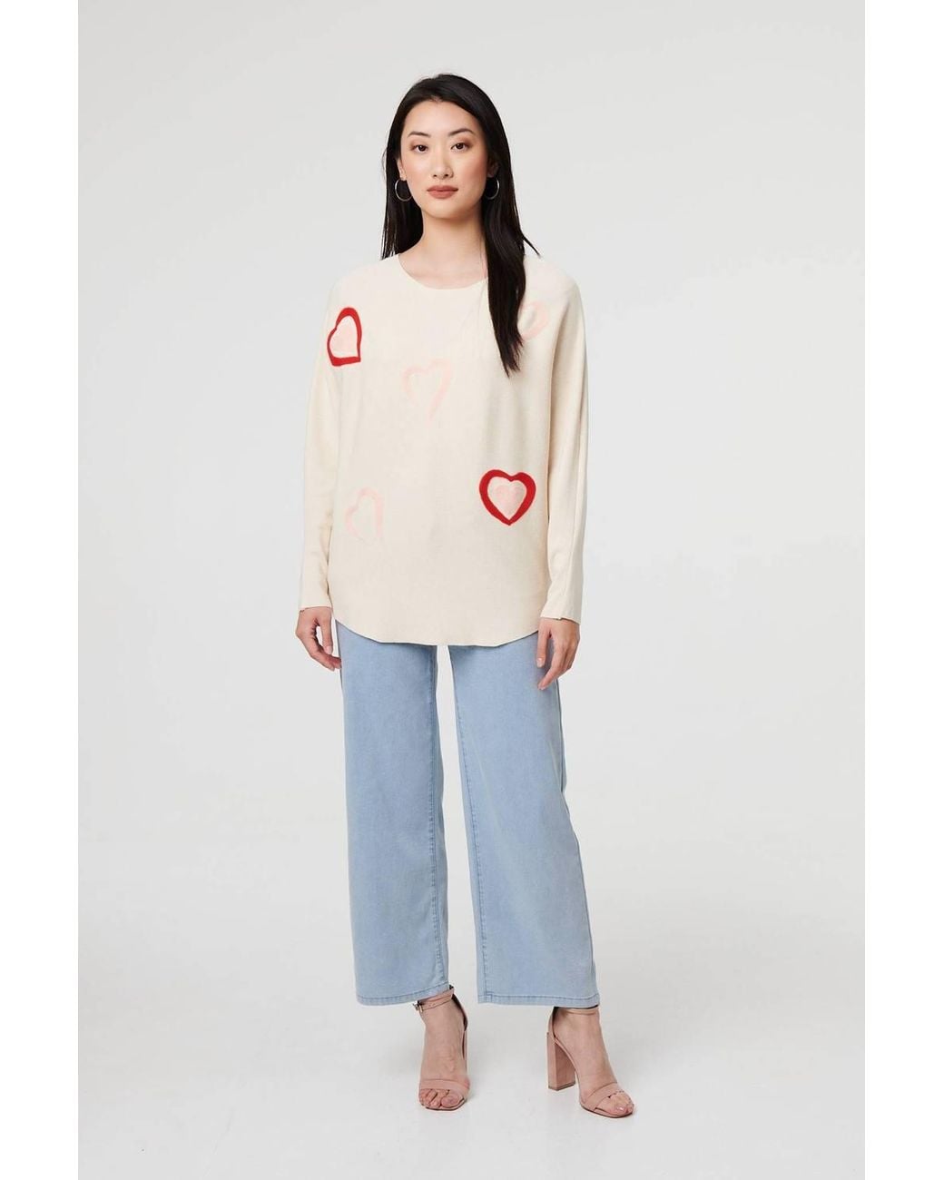 Izabel London Natural Heart Print Batwing Sleeve Jumper