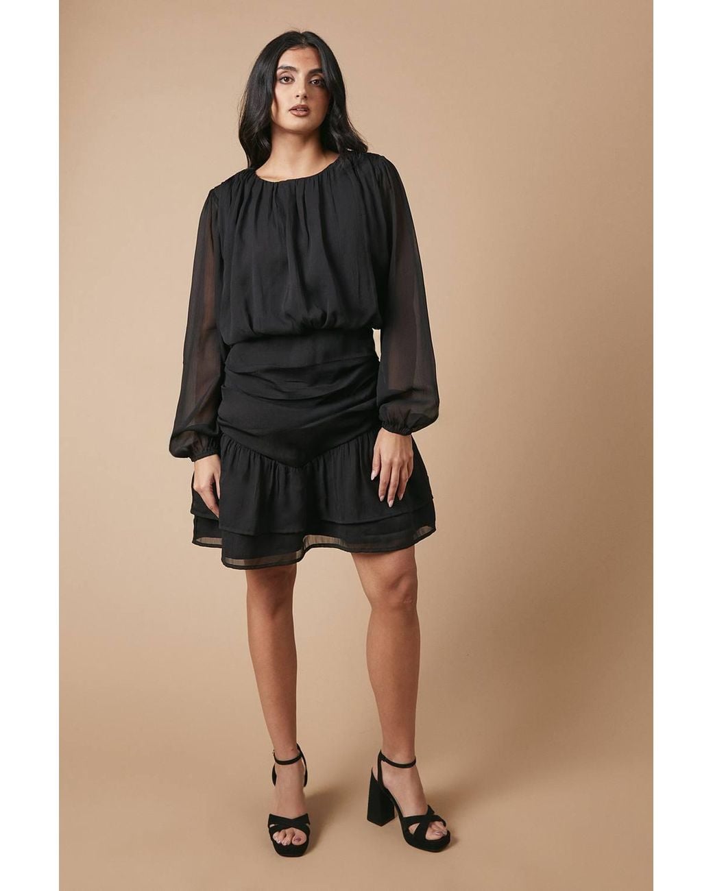 Oasis Black Chiffon Gathered Ruched Mini Dress