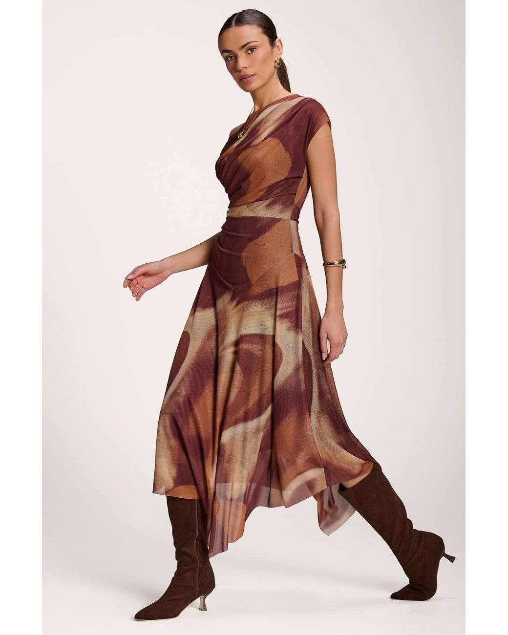 Jolie Moi Brown Asymmetric Draped Mesh Dress