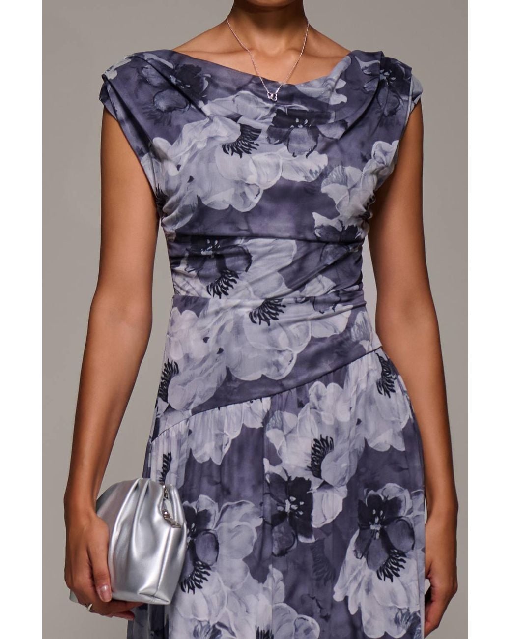 Jolie Moi Blue Asymmetric Draped Mesh Maxi Dress