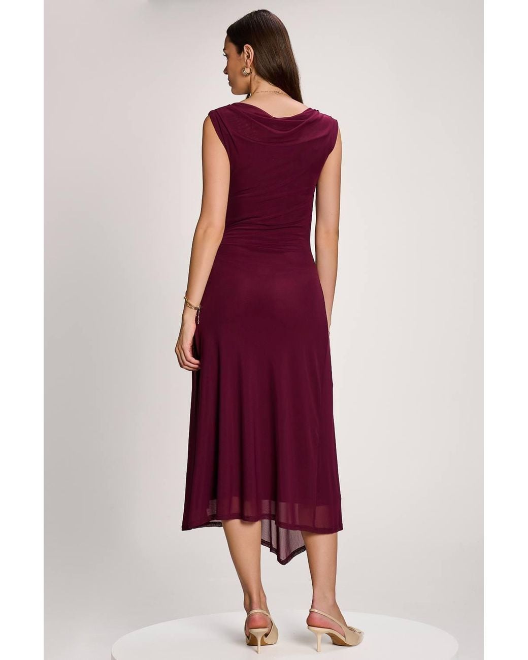 Jolie Moi Red Asymmetric Draped Mesh Maxi Dress