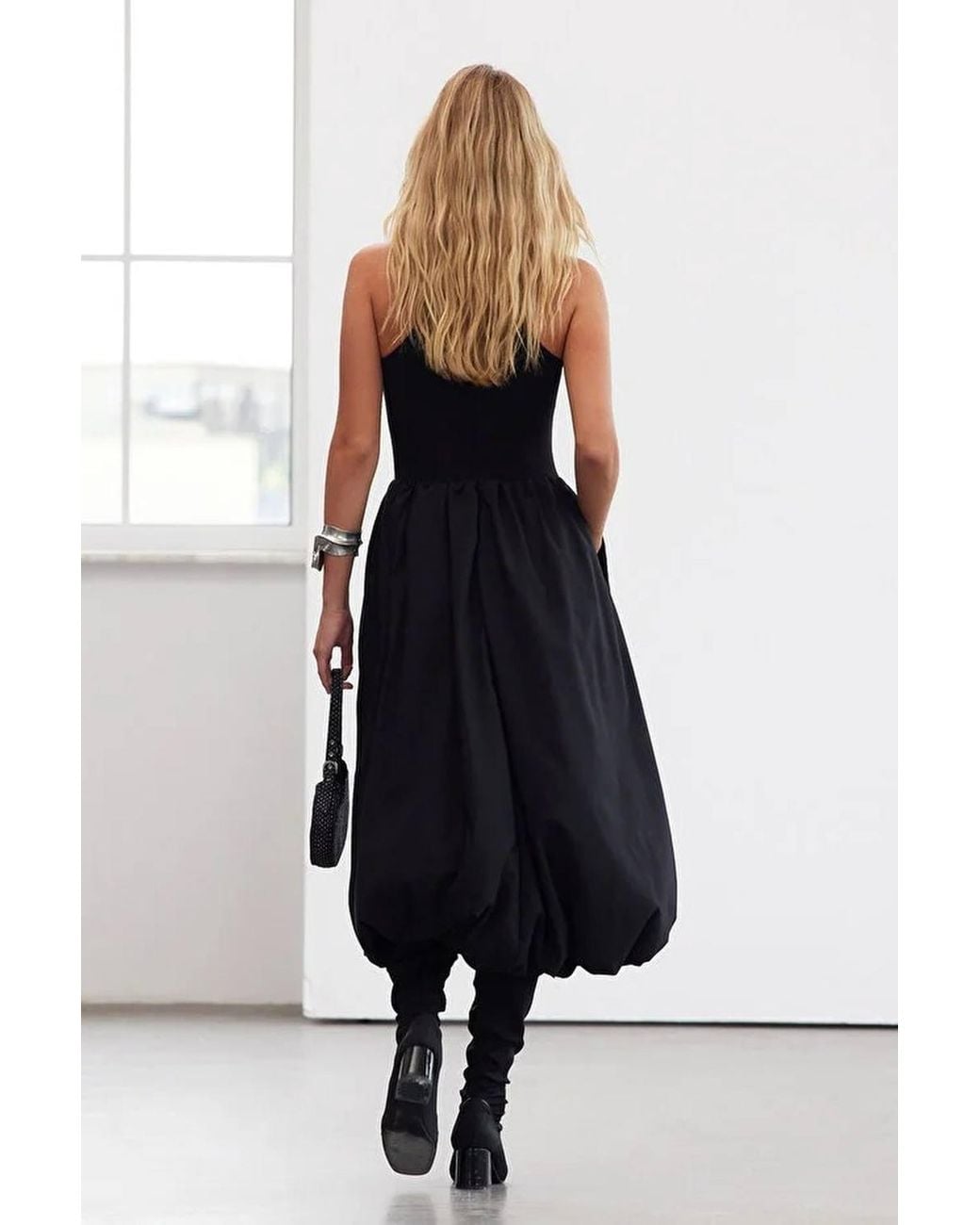 WOVCOR Black High Neck Sleeveless Gathered Midi Dress