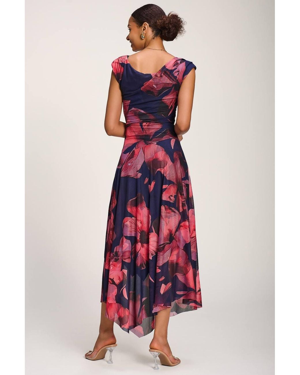 Jolie Moi Red Asymmetrical Draped Mesh Maxi Dress