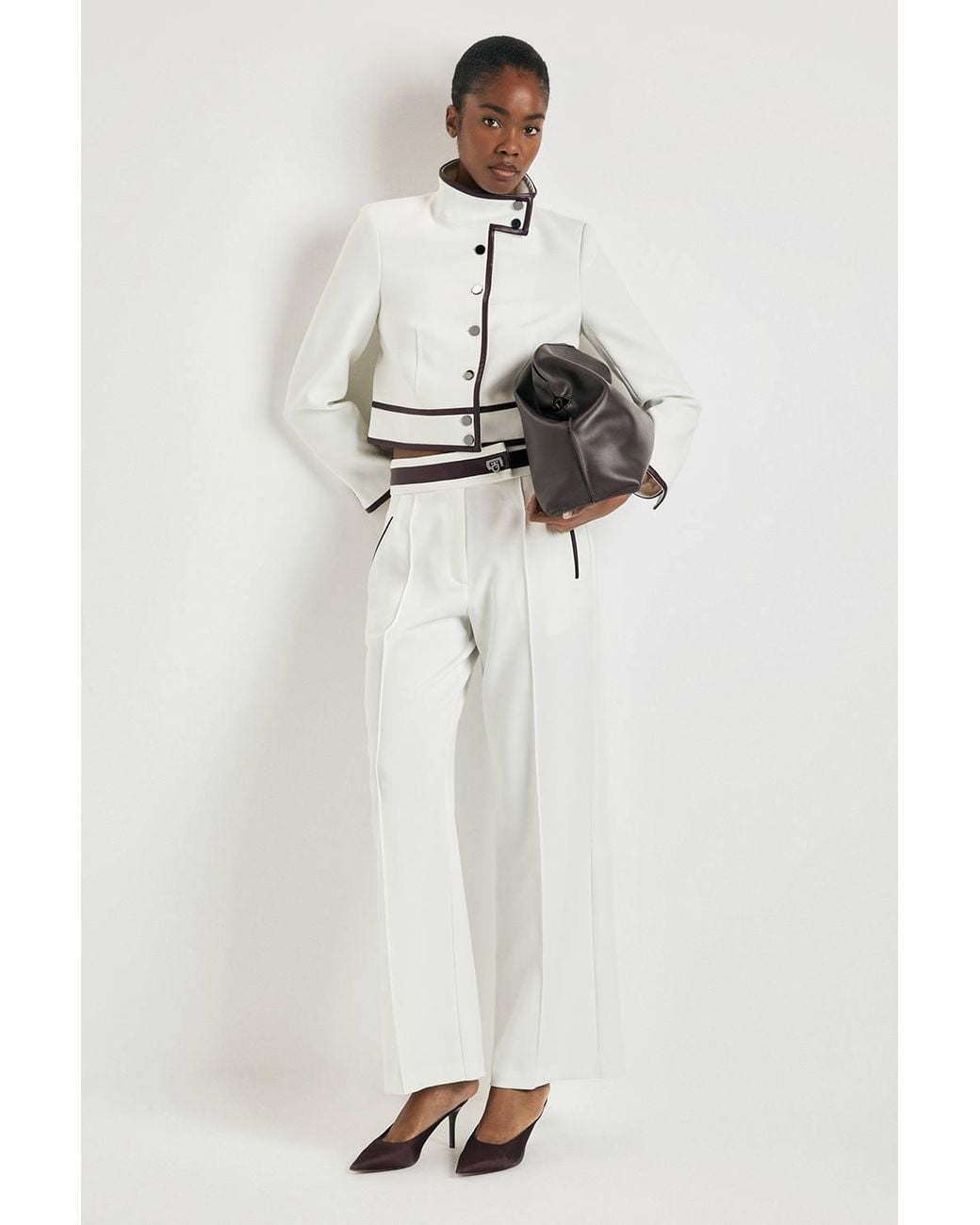 Karen Millen White Compact Stretch & Pu Turn Lock Detail Wide Leg Tailored Trouser