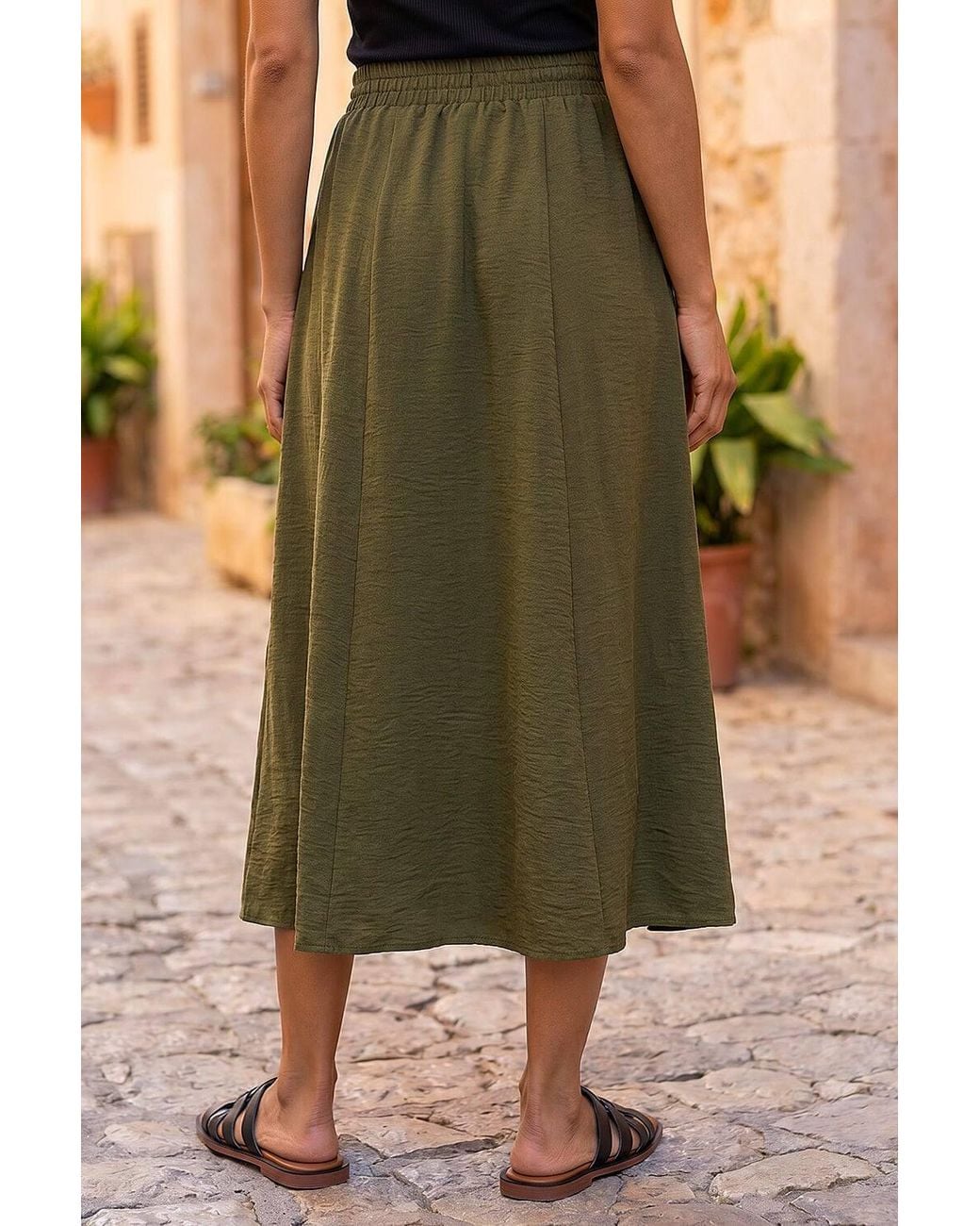 Roman Green Air Flow Button Front Tie Midi Skirt