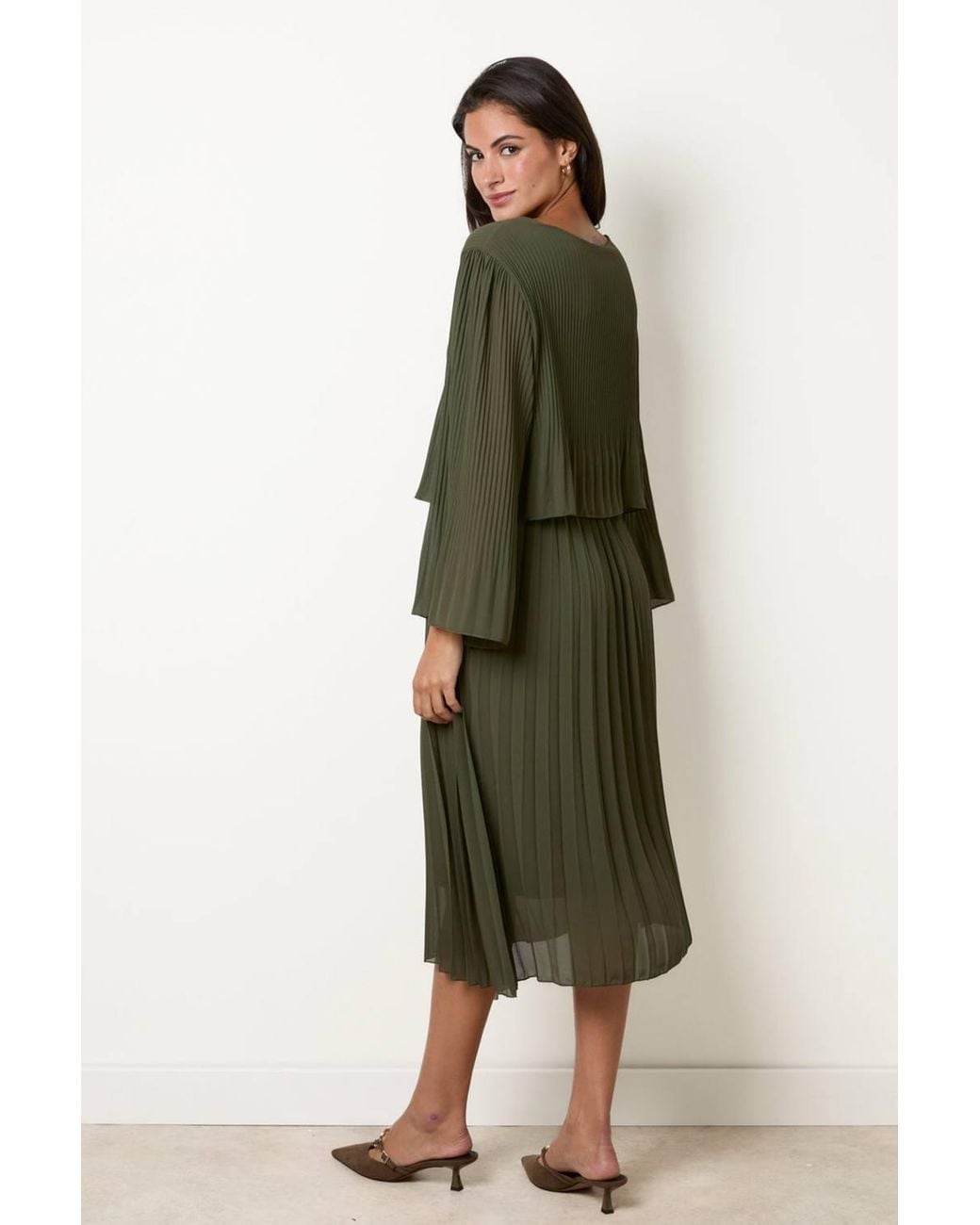 Blue Vanilla Green Elasticated Waist Long Sleeve Round Neck Midi Dress