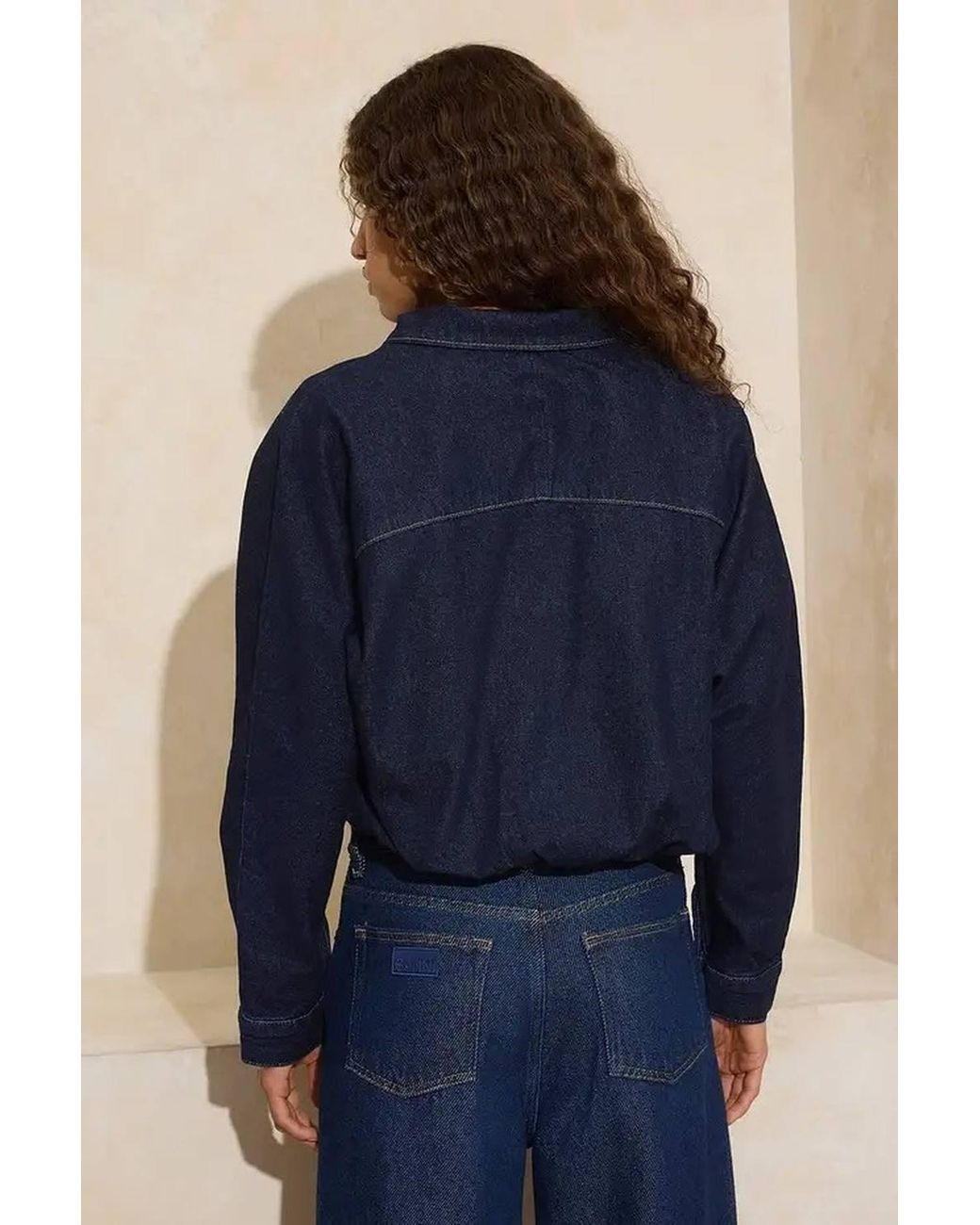 WOVCOR Blue Dark Wash High Neck Denim Jacket W/ Structured Seam Detail