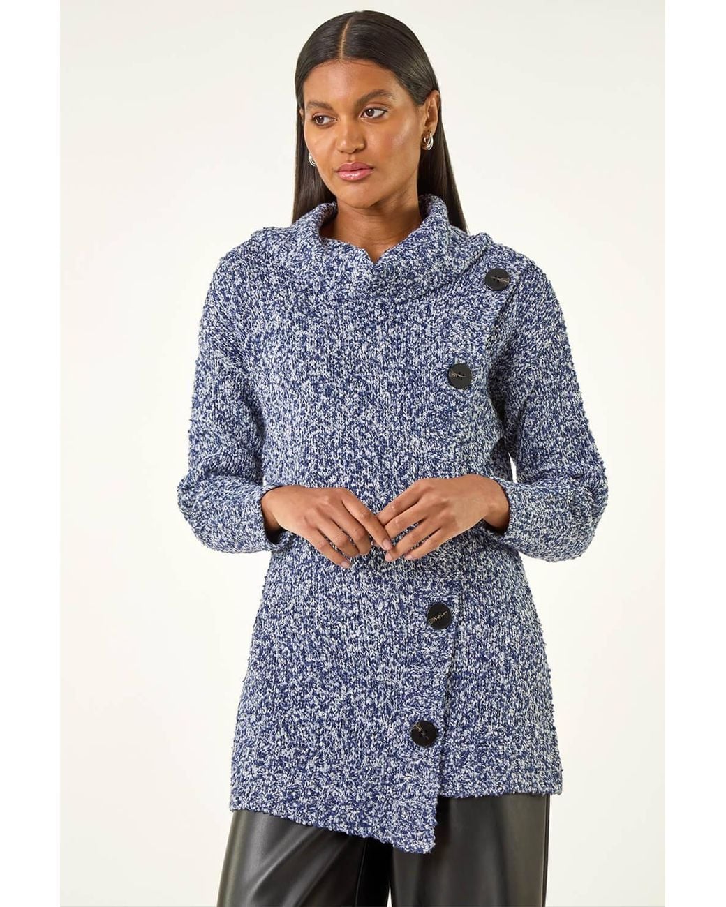 Roman Blue Roll Neck Button Detail Longline Jumper
