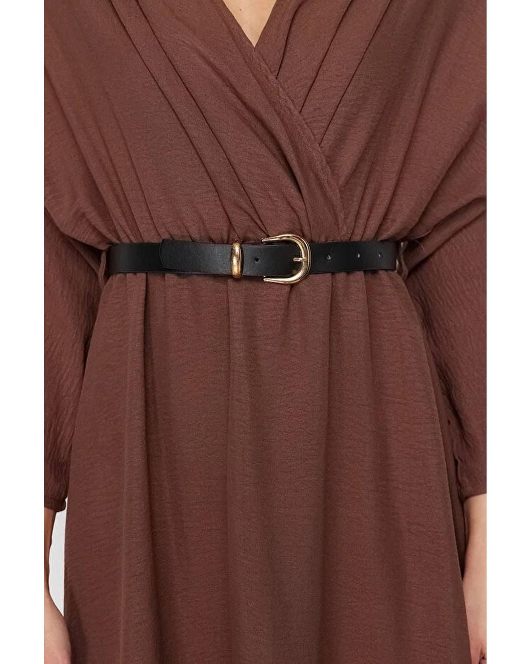 WOVCOR Brown Belted A-Line Wrap Collar Batwing Sleeve Midi Dress