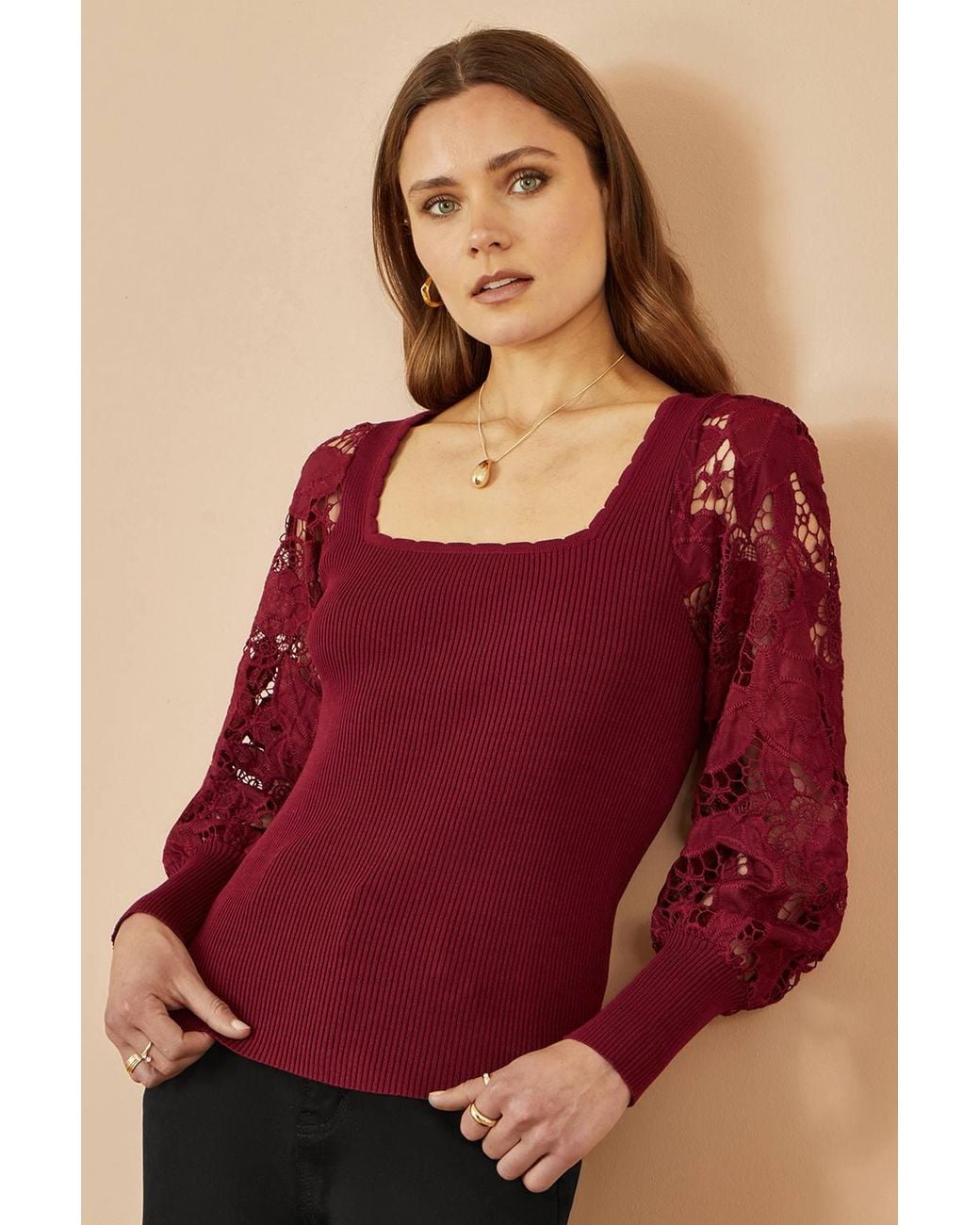 Yumi' Red Ribbed Knitted Top W/ Lace Sleeves
