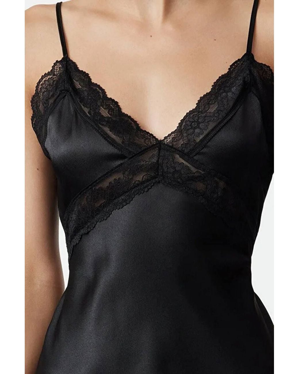 WOVCOR Black Lace Trim V-Neck Satin Strappy Midi Nightdress