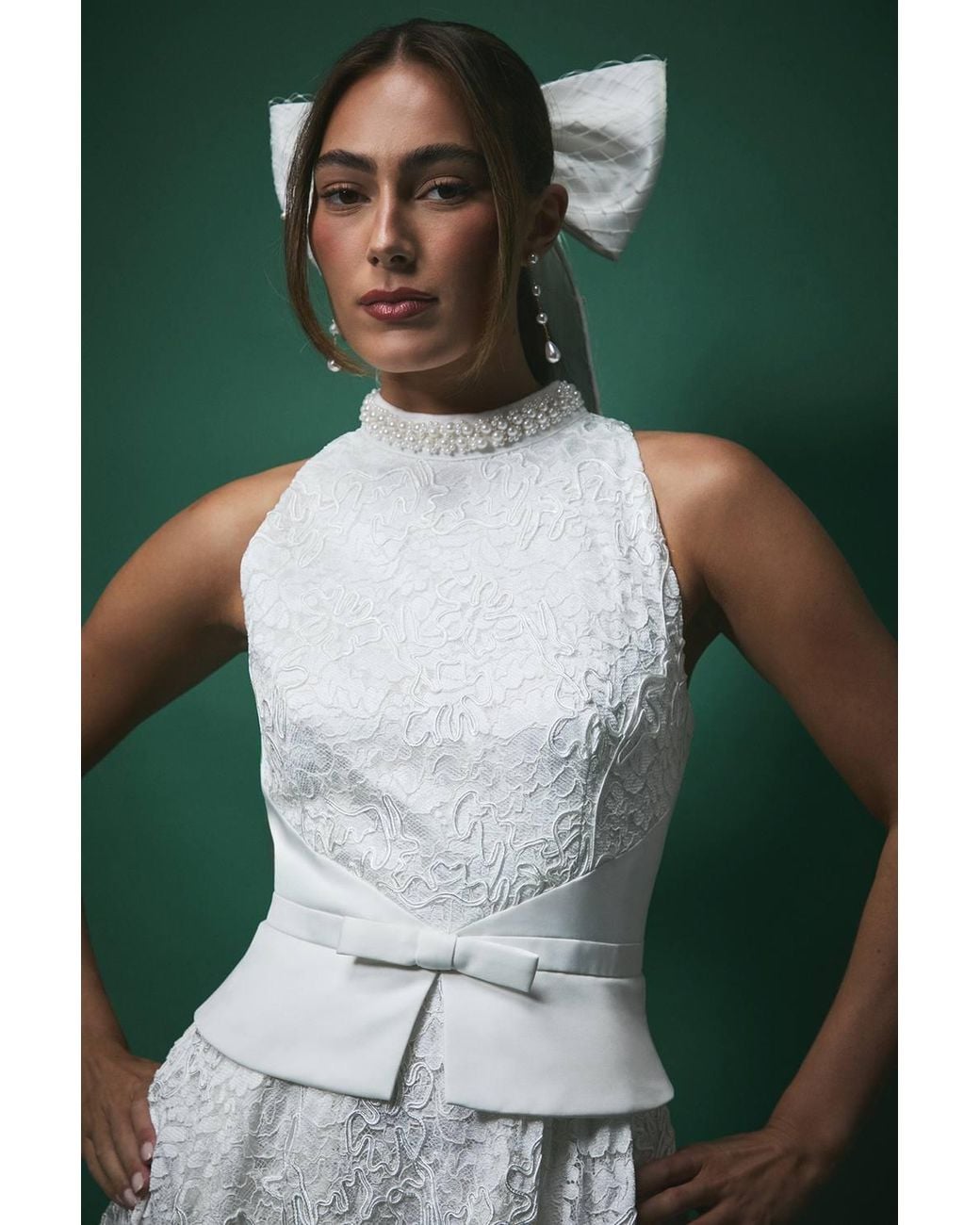 Coast Green Lisa Tan Lace Peplum Detail Midi Wedding Dress