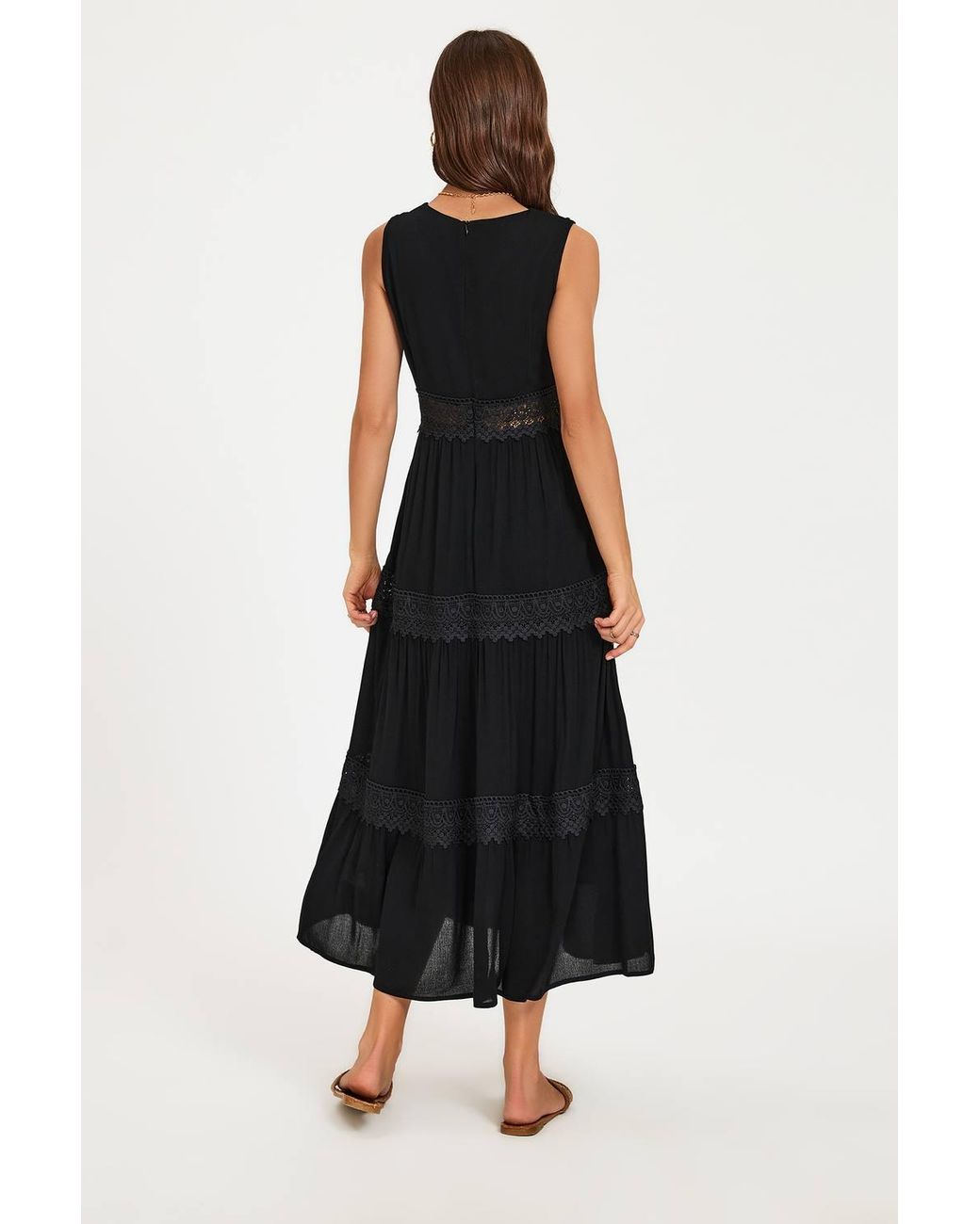 FS Collection Black Lace Trim V-Neck Tiered Sleeveless Midi Dress