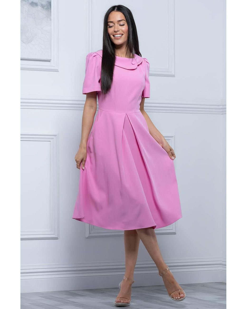Jolie Moi Pink Debora Button Neck Dress