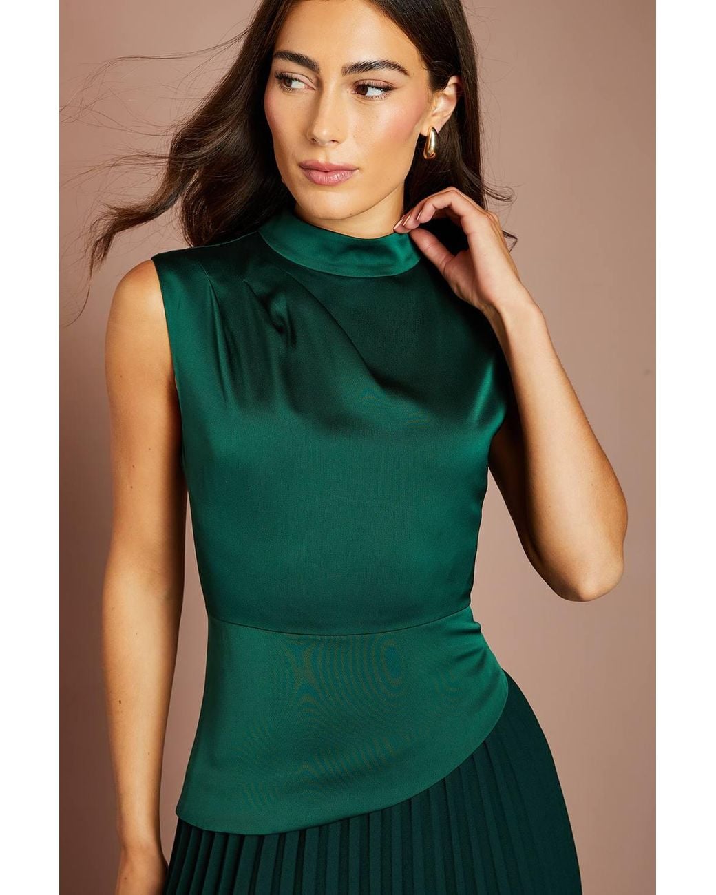 Coast Green Drape High Neck Pleated Skirt Midi Dress