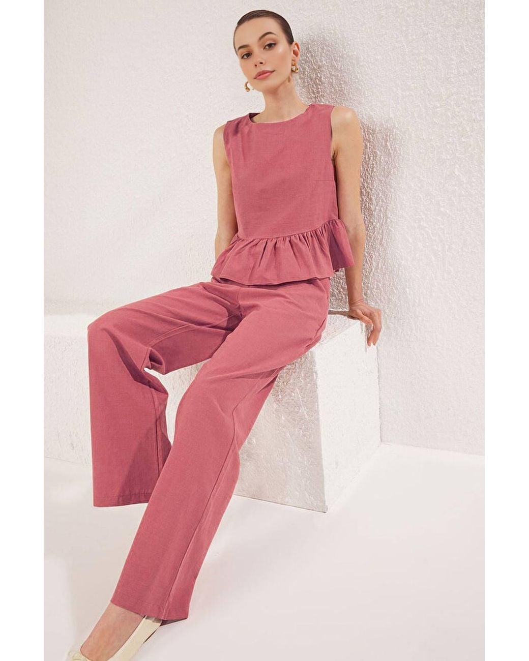 WOVCOR Pink 2-Piece Linen-Look Woven Sleeveless Top & Wide-Leg Trouser Set