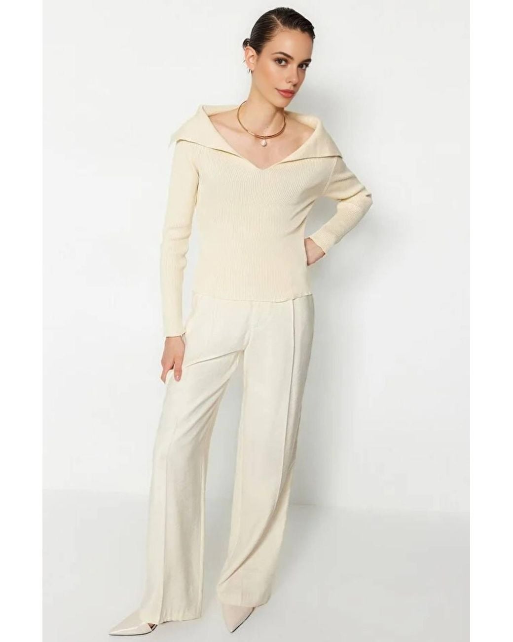 WOVCOR Natural Carmen Collar Knit Sweater Off-Shoulder Rib Knitted Jumper