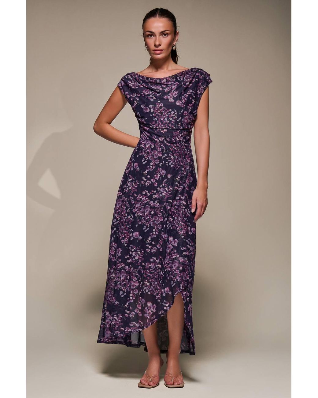Jolie Moi Multicolor Asymmetric Draped Mesh Maxi Dress