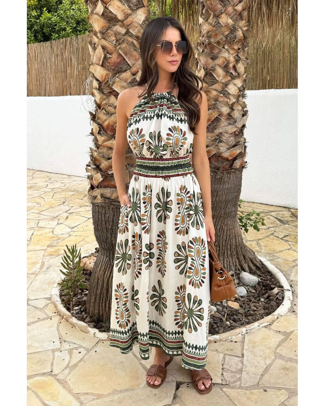 AX Paris Multicolor Multi Boho Print Tie Racer Neck Shirred Waist Midi Dress