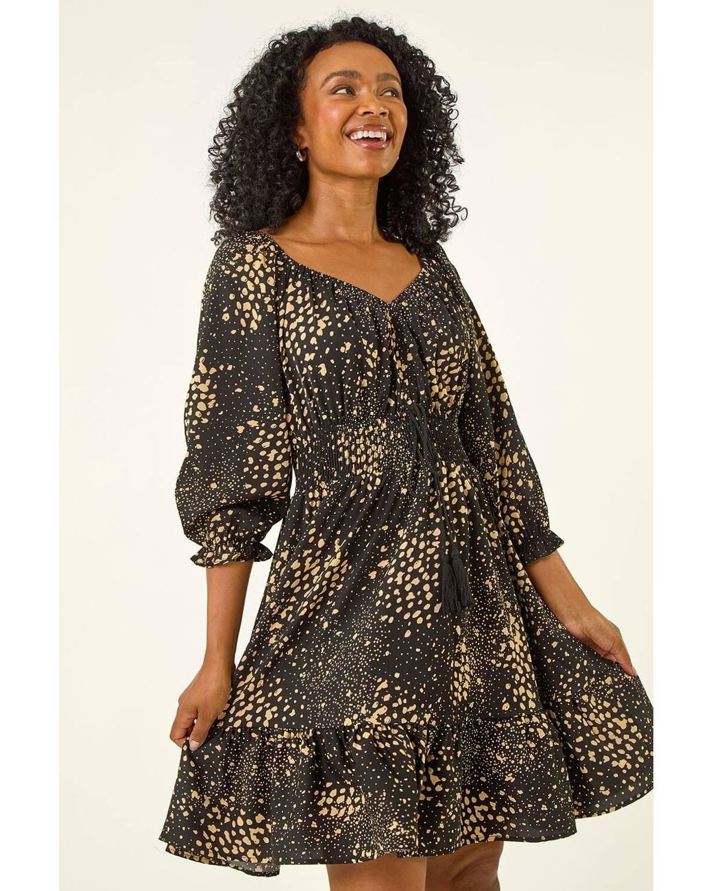 Roman Black Petite Spot Print Frill Detail Dress