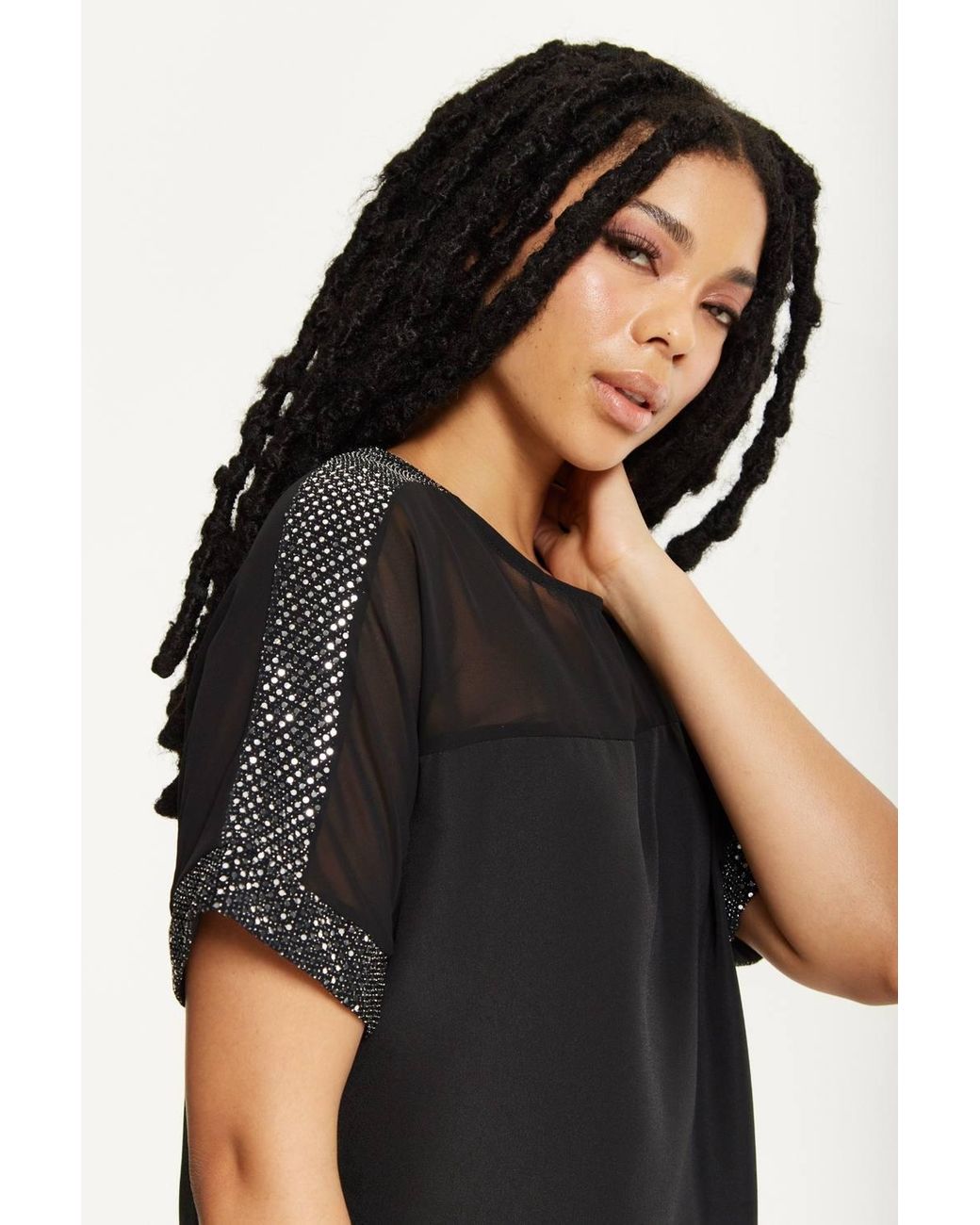 Liquorish Black Sheer Sequin Trim Top